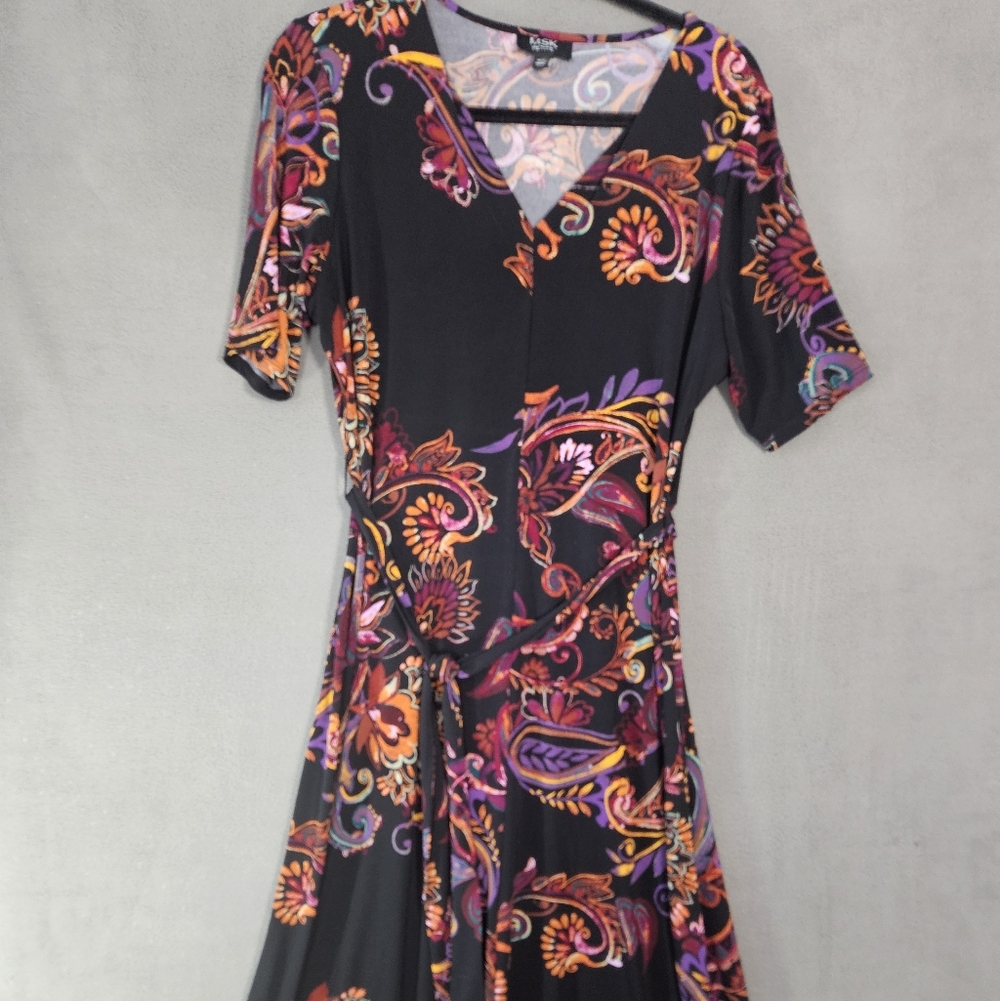 Vintage MSK Dress Petite PXL Half Sleeves Multicolor Paisley Stretch Boho BowTie